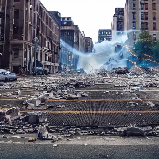 Image similar to wide panoramic view of a street being shattered by a horizontal shockwave tearing through the middle of each building