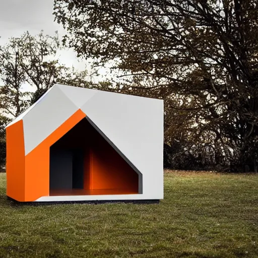 Prompt: a doghouse with the shape of a dog with grey and orange accents designed by antony gormley, advertising photography