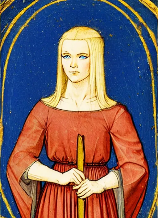 Prompt: young woman in medieval clothing, blue eyes and blond hair, a ribbon in her hair, armed with a sword. art by giotto,