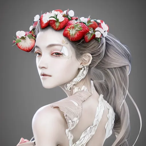 Image similar to the portrait of an absurdly beautiful, graceful, elegant, sophisticated, fashionable realistic anime woman made of strawberries and white petals with tears, an ultrafine hyperdetailed illustration by kim jung gi, irakli nadar, intricate linework, bright colors, octopath traveler, final fantasy, unreal engine 5 highly rendered, global illumination, radiant light, detailed and intricate environment