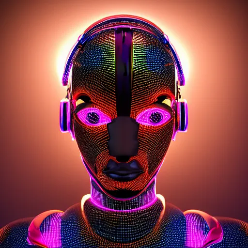 Image similar to a glossy claymodel of a tribal futurism robot head with glowing headphones, 8 k, symetrical, flourescent colors, halluzinogenic, multicolored, very detailed, black background, 3 d render,