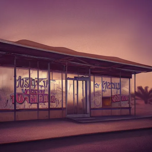 Image similar to abandoned diner in the desert by jon mccoy, sunset, cinematic, cinematic lighting, photorealistic, hyperdetailed 3 d matte painting, iridescent, deviantart, trending on artstation, concept art