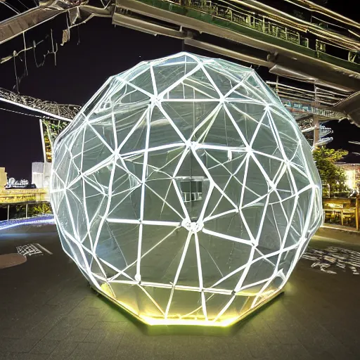 Prompt: a fractal of quantum computers growing a cyberpunk geodesic dome at night in tokyo