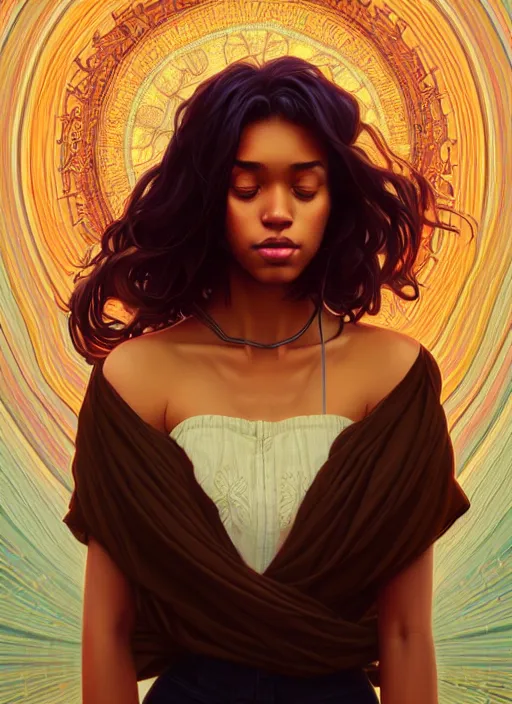 Image similar to handsome young black women with shoulder length brown hair, half body shot, path traced, highly detailed, high quality, digital painting, alena aenami, lilia alvarado, shinji aramaki, karol bak, alphonse mucha, tom bagshaw