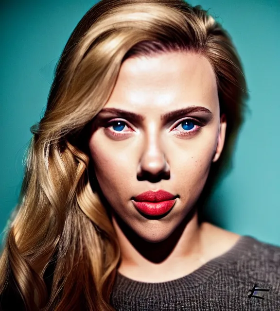 Image similar to portrait photo of Scarlett Johansson:: symmetric face, symmetric eyes, slight smile, photo by Annie Leibovitz, 85mm, teal studio backdrop, Getty images