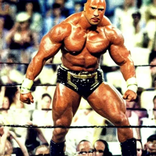 Image similar to “ Dwayne the Rock Johnson in a WWE match in 1980’s camera”