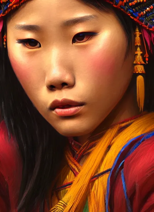 Image similar to portrait of a beautiful teen tai ethnic southern china, closeup portrait, historical, ethnic group, traditional costume, elegant, loin cloth, highly detailed, oil painting, artstation, concept art, matte, sharp focus, illustration, hearthstone, art by earl norem