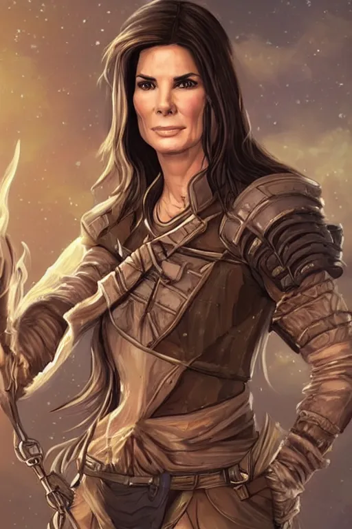 Prompt: sandra bullock portrait as a dnd character fantasy art.