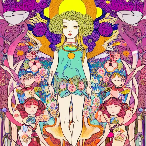 Image similar to a young NeoPagan Goddess of Spring, inside her temple, in a blended style by Junko Mizuno, Henry Darger, and Peter Chung, hyper detailed, photorealistic digital art, flat colors, extremely fine inking lines