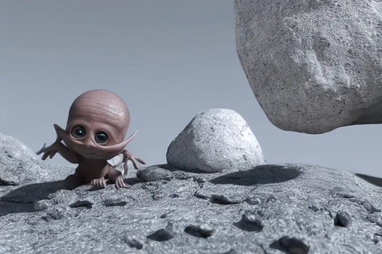 Image similar to vfx movie scene closeup adorable curios tiny little baby alien creature in moon desert eating a rock. by emmanuel lubezki