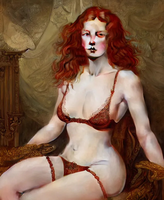 Prompt: a redhead goddess, intricate and detailed silk lingerie set, suspenders, honey birdette, realistic renaissance portrait, highly detailed, digital painting, artstation, concept art, smooth, sharp focus, rembrandt lighting, art by john collier, artgerm and greg rutkowski and alphonse mucha and jacques louis david
