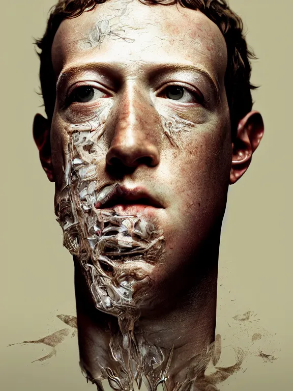 Prompt: portrait of a mark zuckerberg, skin peeling away to reveal reptile skin, art by ryo shiotani and greg rutkowski, intricate, beautiful, cinematic lighting, vintage art by serge ivanoff, high resolution, very detailed