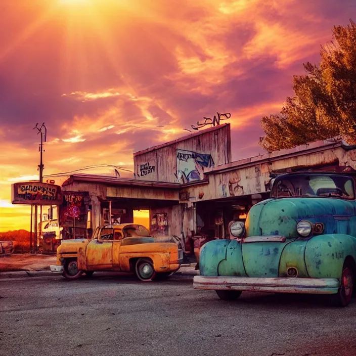 Prompt: a sunset light landscape with historical route 6 6, lots of sparkling details and sun ray ’ s, blinding backlight, smoke, volumetric lighting, colorful, octane, 3 5 mm, abandoned gas station, old rusty pickup - truck, beautiful epic colored reflections, very colorful heavenly, softlight