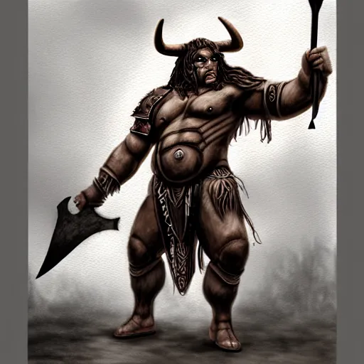 Image similar to Giant minotaur humanoid warrior with axe, tauren, concept art, paladin, hyperrealism, high details, digital painting, dark fantasy, watercolor background