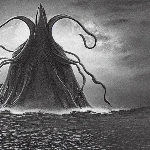 Image similar to a gigantic lovecraftian cyclope emerging from under the ocean, gazing to the darkened sky, old 3 5 mm ilford black and white, photorealistic