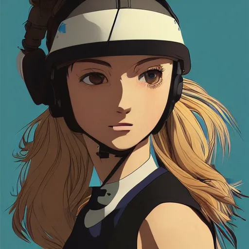 Image similar to face of a beautiful girl with a ponytail wearing a helmet, symmetrical, ilya kuvshinov, jamie hewlett, yoji shinkawa, muted colors, portrait, beautiful detailed illustration, 17th century oil painting, flat colors, studio ghibli, cel shading