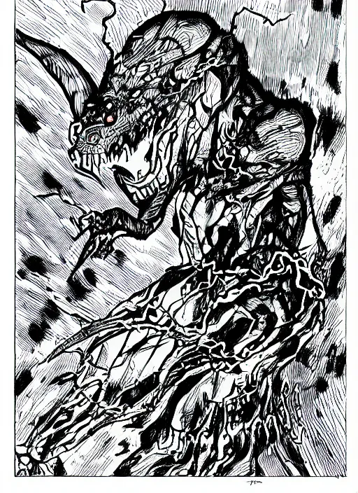 Image similar to pen and ink illustration of a demon monster, blue lightning strikes, agony