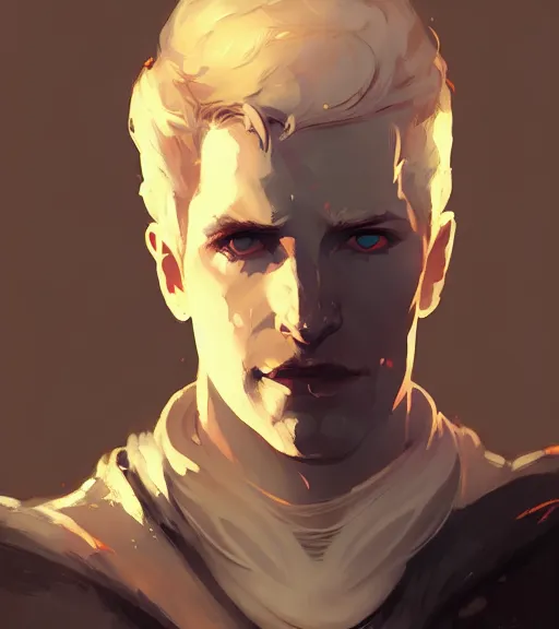 Image similar to portrait of cullen from dragon age with golden eyes by atey ghailan, by greg rutkowski, by greg tocchini, by james gilleard, by joe fenton, by kaethe butcher, dynamic lighting, gradient light blue, brown, blonde cream and white color scheme, grunge aesthetic