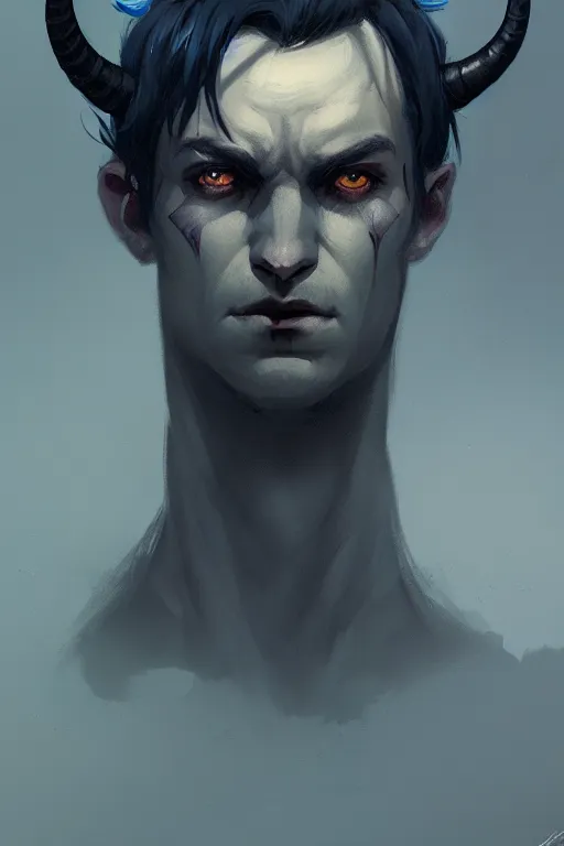 Image similar to portrait of a sad dark blue tiefling boy with horns and shaggy dark hair and pitch black hollow eyes, soft soft rounded face face face by Greg Rutkowski, concept art, sharp focus, illustration, intricate, highly detailed