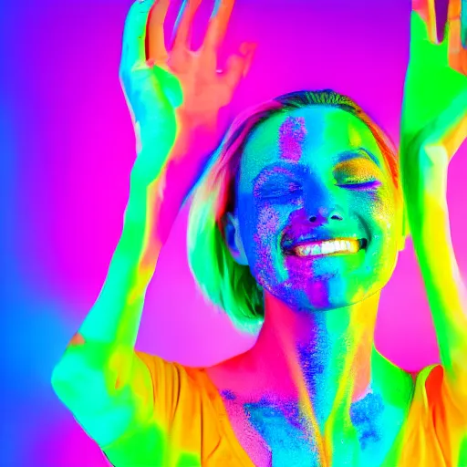 Image similar to a fullbody photo of a female smiling, painted her body with ultraviolet paint, 5 0 mm lens, f 1. 4, sharp focus, ethereal, emotionally evoking, head in focus, volumetric lighting, 8 k