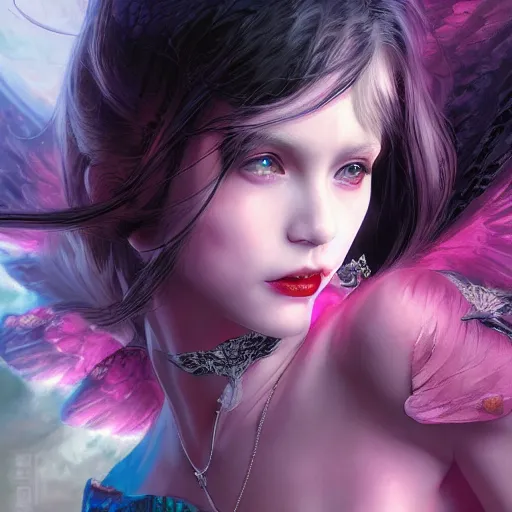 Prompt: young vampire princess with burning wings 4 k high definition colorful pink and black dramatic lighting artstation trending path traced contrast light and dark cinematic breathtaking by noriyoshi ohrai, patrick woodroffe, and hans zatzka