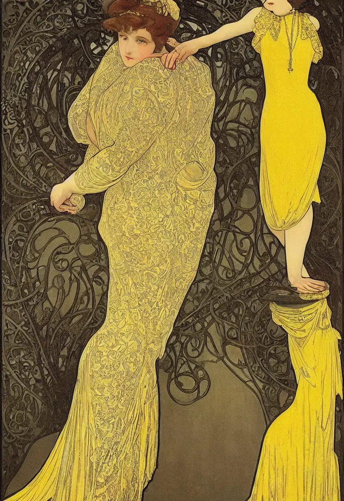 Image similar to a young woman looks deeply into the viewer, 1920's london street, art nouveau, extravagant fashion, intricate yellow dress with gold trims, lacey, dark streets, grungy, style of and by alphonse mucha, color painterly