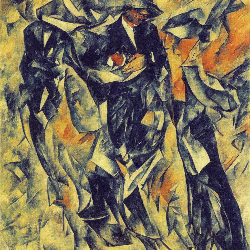 Image similar to Man in a business suit with a bag covering his head, by Boccioni