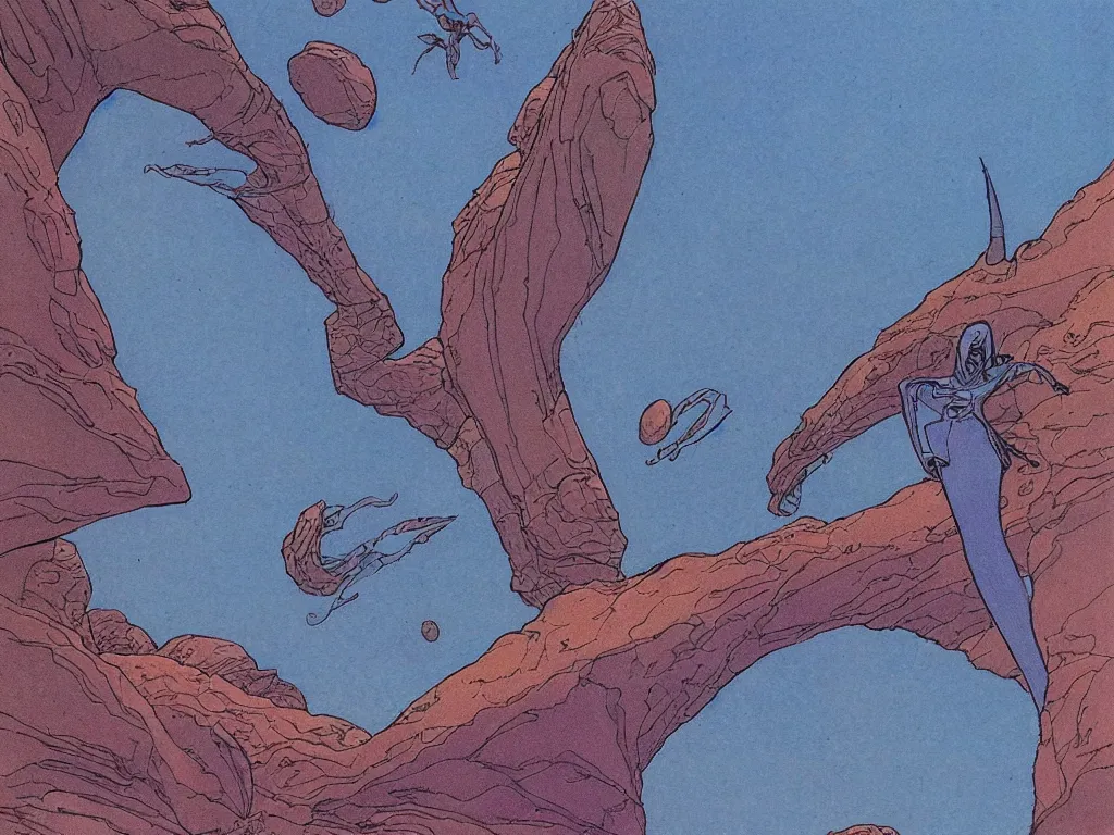 Prompt: moebius drawing painting alien landscape strange flying forms