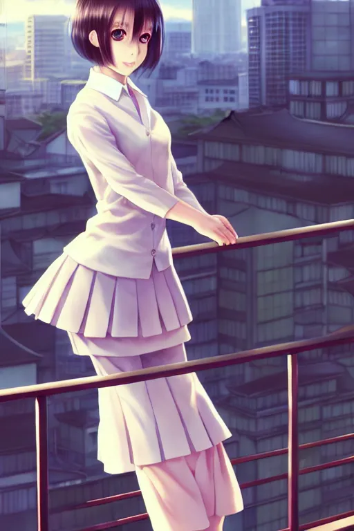 Prompt: beautiful full body portrait of one anime female with short hair, wearing Japanese school uniform, standing in on a balcony overlooking downtown Tokyo, D&D, fantasy, intricate, elegant, highly detailed, digital painting, artstation, concept art, smooth, sharp focus, illustration, beautiful sunlight and shadows, art by artgerm and WLOP and Ruan Jia and Krenz Cushart and greg rutkowski and alphonse mucha