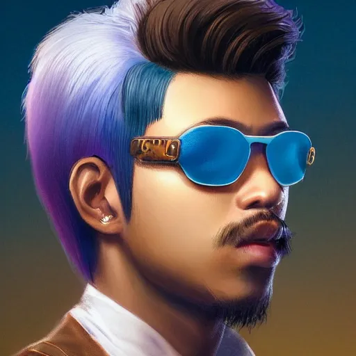 Image similar to very detailed masterpiece closeup painting of a very handsome young indonesian with small mustache cyberpunk man with light blue shutter shades, one side haircut, brown hair with light blue ends, purple leather jacket, beauty mark on cheek, portrait, synthwave background, artstation, concept art by greg rutkowski