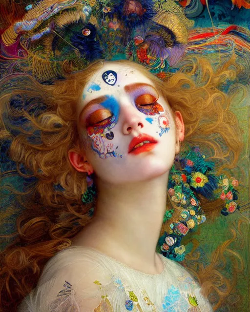 Prompt: a beautiful girl in the clouds wearing colourful face paint surrounded by colourful intricate patterns, by edgar maxence and caravaggio and michael whelan, intricate painting, hyper realistic, extremely detailed and beautiful aesthetic face, 8 k resolution