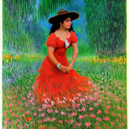 Image similar to beautiful tan mexican woman, landscape, dancing in a field of dragon lily, prominent rosy cheek bones, black hair and brown eyes, monet and da vinchi art style,