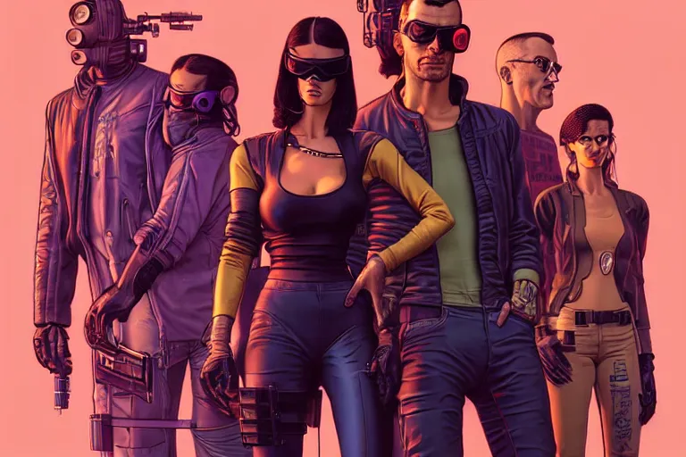 Prompt: cyberpunk heist crew. portrait by stonehouse and mœbius and will eisner and gil elvgren and pixar. character design. realistic proportions. dystopian. cyberpunk 2 0 7 7, apex, blade runner 2 0 4 9 concept art. cel shading. attractive face. thick lines. hi def 4 k. the team. detailed interesting characters. creative