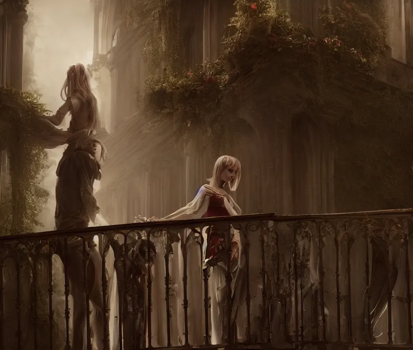 Image similar to the balcony scene from Romeo and Juliet as a dark fantasy, gothic romance, Nicholas Hoult as Romeo, and Elle Fanning as Juleit gloomy and foggy atmosphere, octane render, artstation trending, horror scene, highly detailded