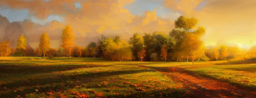 Image similar to oil landscape painting of a gigantic mansion, golden hour, ultra detailed, wallpaper, concept art, autumn, warm colors, wallpaper, 4 k, realistic lighting, brushstrokes, minimalistic, cinematic composition