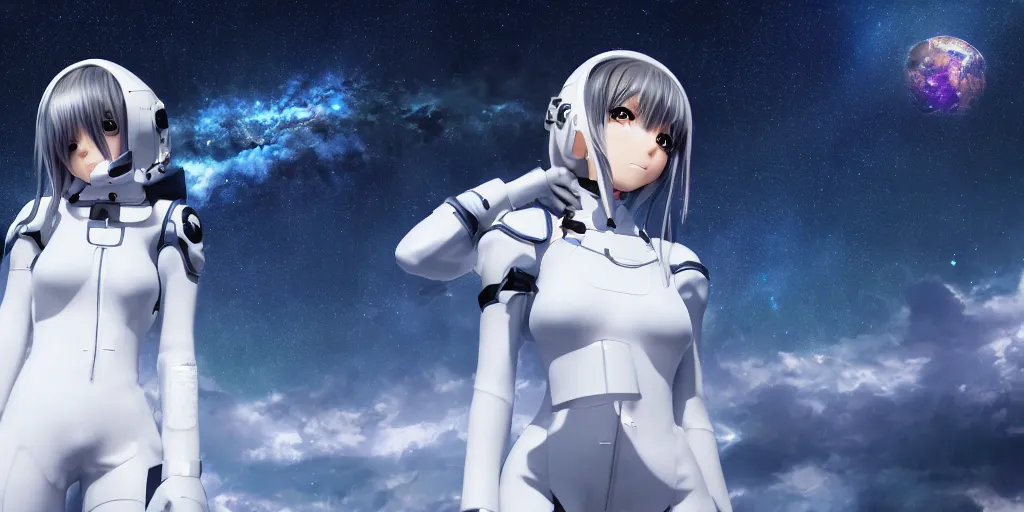Image similar to High resolution photo of an anime girl in a white futuristic spacesuit in awe at the beauty of the universe, 4k/8k, Cinematic Movie Photograph, Cinematic Lighting, Artstation, space, galaxy, stars, vivid colours