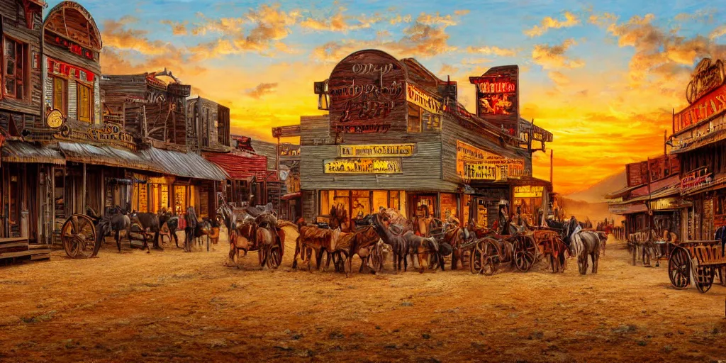 Image similar to oil painting of wild west town, western, old west, vivid colors, warm colors, high production value, intricate details, high resolution, hyperrealistic, hdr, high definition, masterpiece, ultra realistic, highly detailed, hd, sharp focus, non blurry, sharp, smooth