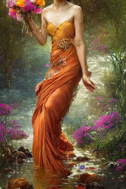 Image similar to portrait of a beautiful woman wearing a sari dress, holding a bouquet of flowing flowers, drenched body, wet dripping hair, emerging from the water, fantasy, regal, fractal crystal, fractal gems, by stanley artgerm lau, greg rutkowski, thomas kindkade, alphonse mucha, loish, norman rockwell