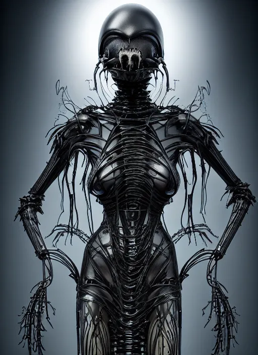 Image similar to gothic inflateble dark dress, perfect symmetrical body, helmet on face, full body shot, alien, plant predator, guyver, giger, wires, tubes, veins, jellyfish, white biomechanical details, wearing epic bionic cyborg implants, masterpiece, intricate, biopunk, vogue, highly detailed, artstation, concept art