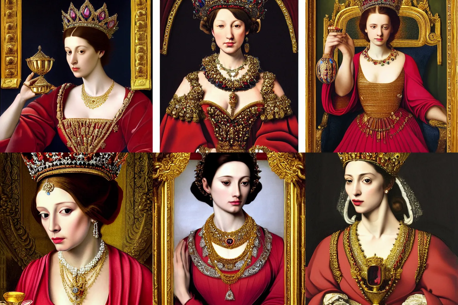 Image similar to A extremely highly detailed majestic hi-res beautiful painting of a beautiful woman wearing a long royal red silk dress, the crown jewels is on her head and she is holding a golden goblet and around her neck is a ornate golden necklace decorated with diamonds and rupees by Michelangelo Merisi da Caravaggio, high detail, hyperrealistic, photorealistic, octante render, cinematic, high textures, hyper sharp, 4k insanely detailed and intricate, hypermaximalist, 8k, hyper realistic, super detailed, 4k HDR hyper realistic high,