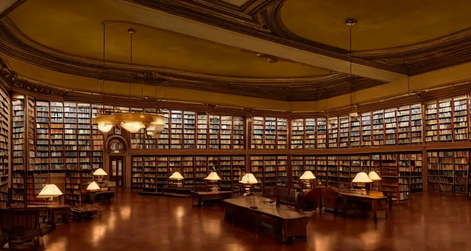 Prompt: an incredibly beautiful scene from a 2 0 2 2 marvel film featuring an art deco library during a hurricane. recessed lights. large windows. lightning. golden hour. 8 k uhd.