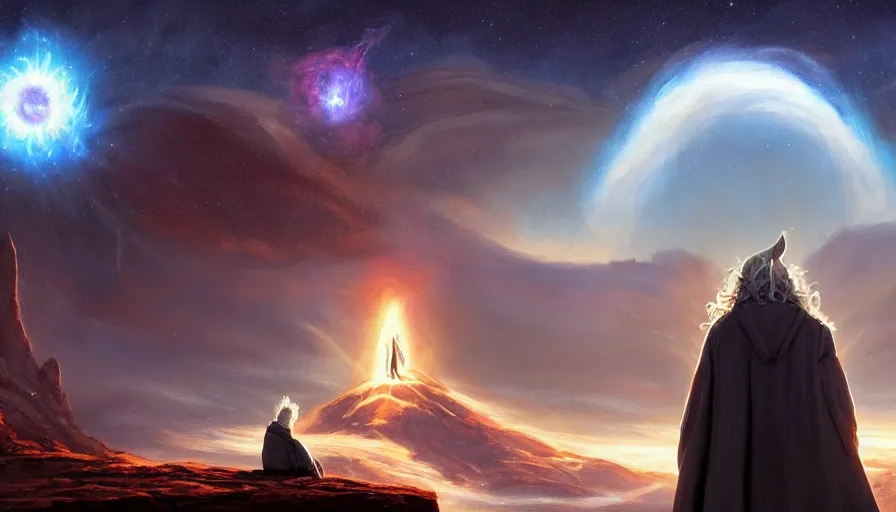 Prompt: a beautiful painting of gandalf watching a supernova in the sky of an alien world, ray traced lighting by jean kalin popov and greg rutkowski