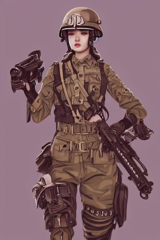 Prompt: dieselpunk blackpink jisoo as soldier girl, helmet, portrait, desert, armored, highly detailed, sharp focus, art, illustrations by rossdraws and ayanamikodon and wlop and irakli nadar and loish