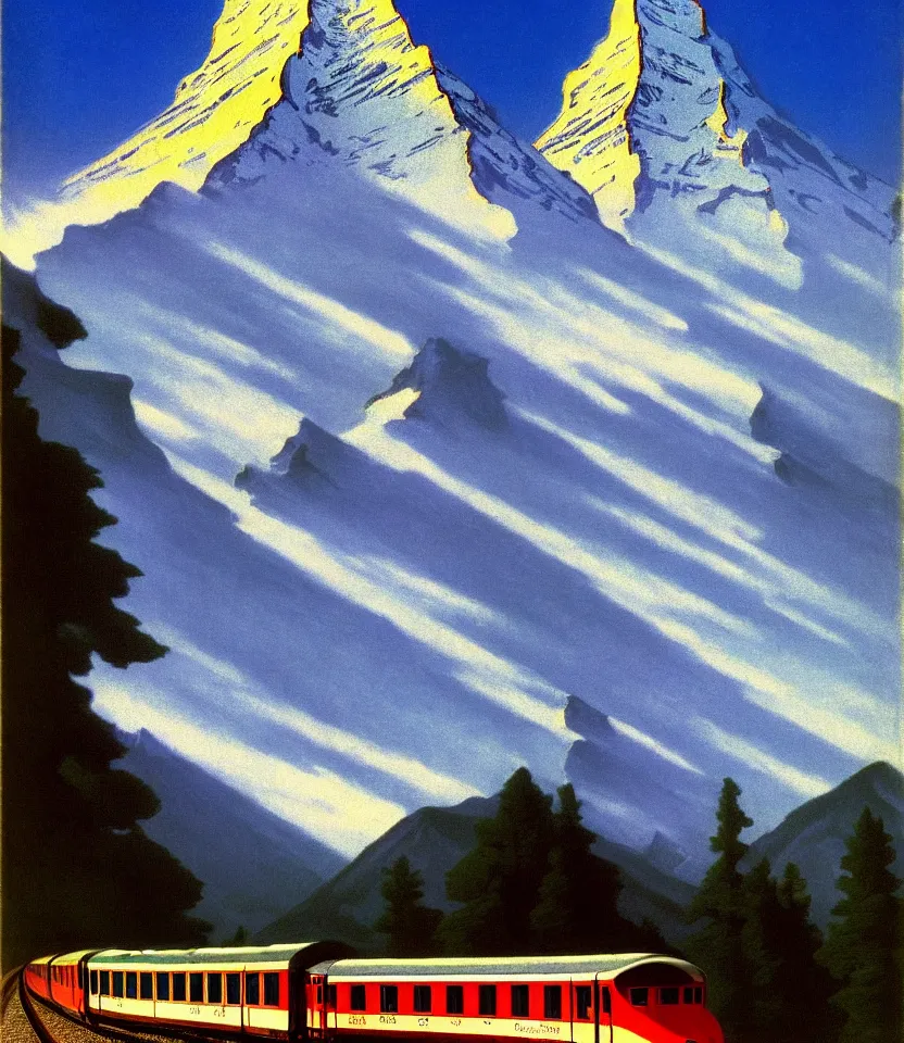 Image similar to an achingly beautiful print of a train in front of the matterhorn by raphael, hopper, and rene magritte. detailed, golden ratio, romantic, enchanting, trending on artstation