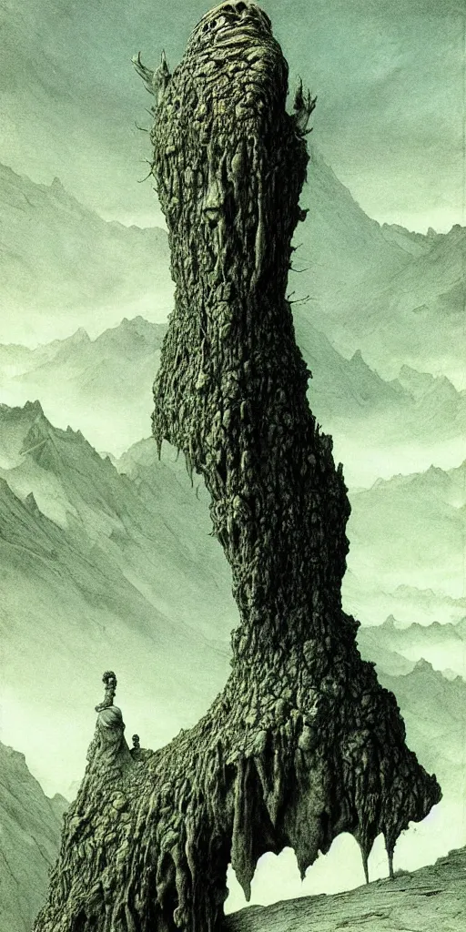 Prompt: A detailed lonley enormous alien sock stands among the mountains. Wearing a ripped mantle, robe. Perfect face, extremely high details, realistic, fantasy art, solo, masterpiece, art by Zdzisław Beksiński, Arthur Rackham, Dariusz Zawadzki
