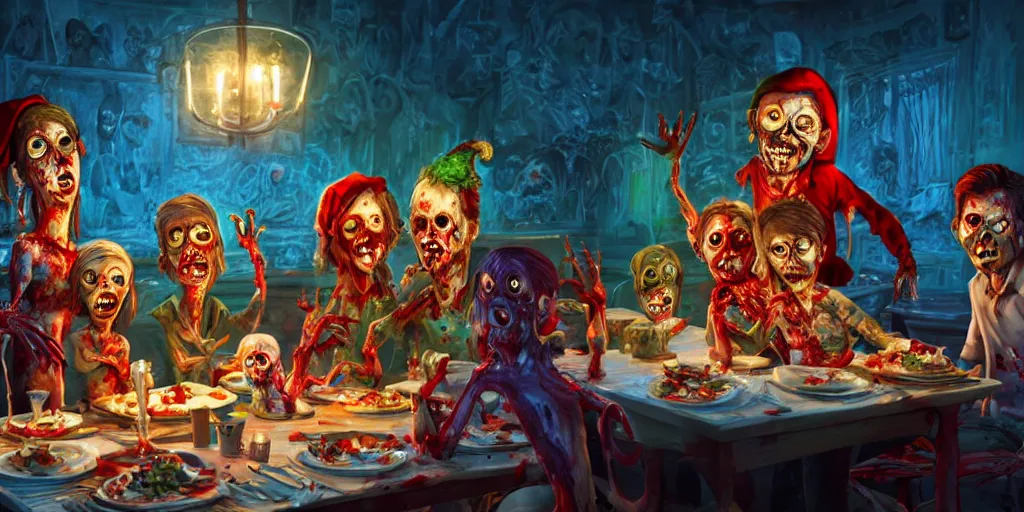 Image similar to a zombie family christmas diner, vivid colors, wide angle, super highly detailed, professional digital painting, artstation, concept art, smooth, sharp focus, no blur, no dof, extreme illustration, unreal engine 5, photorealism, hd quality, 8 k resolution, cinema 4 d, 3 d, beautiful, cinematic, art by tim burton