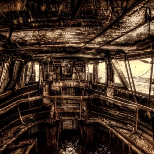 Image similar to the interior of a flooded rusty shipwreck, dark, scary lighting, scary, creepy, eerie, horror, submechanophobia, murky water, underwater photograph,