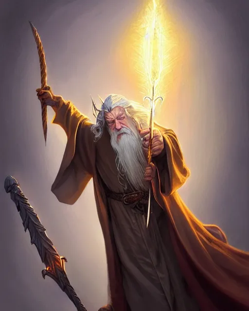 Image similar to Gandalf the grey casting a bee spell, crimson led, glowing, D&D, fantasy, intricate, elegant, highly detailed, digital painting, artstation, concept art, matte, sharp focus, illustration, hearthstone, art by Artgerm and Greg Rutkowski and Alphonse Mucha