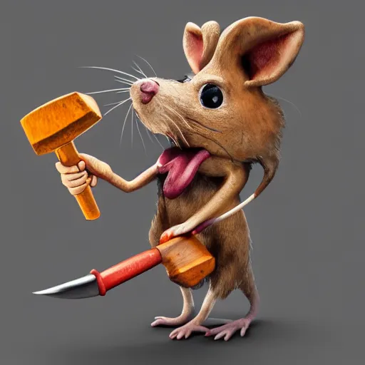 Prompt: graffiti art of a rat showing his teeth and holding a hammer in one hand and a sickle in the other hand. Highly detailed, octane Render, 4K