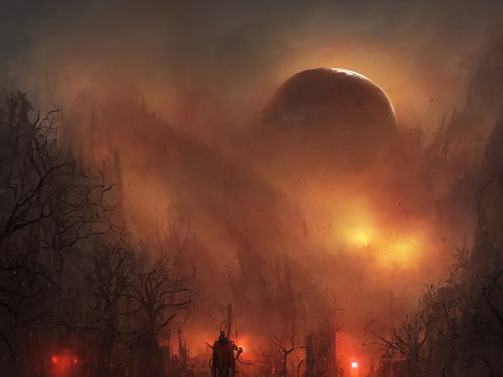 Image similar to an alien invasion on earth doomsday, red giant sun, red sky, dead buildings and trees, ufos, brutal, digital painting, artstation, concept art, soft light, hdri, smooth, sharp focus, illustration, fantasy, intricate, elegant, highly detailed, D&D, matte painting, in the style of Greg Rutkowski and Alphonse Mucha and artemisia, 8k, highly detailed, jurgens, rutkowski, bouguereau, pastoral, rustic, georgic, detailed concept art, illustration, colorful pastel, painting, detail, ultra detailed, digital art, 4K,